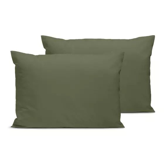 Lot de 2 taies d’oreiller unies en percale de coton kaki 50x75cm