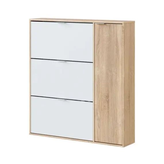 Meuble à chaussures 4 portes effet bois blanc et chêne