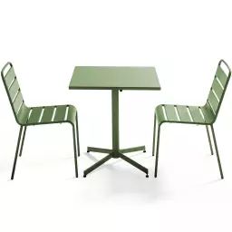 Ensemble table de jardin carrée et 2 chaises métal vert cactus