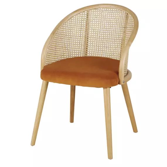 Chaise avec accoudoirs en velours marron écureuil cannage en rotin coloris naturel