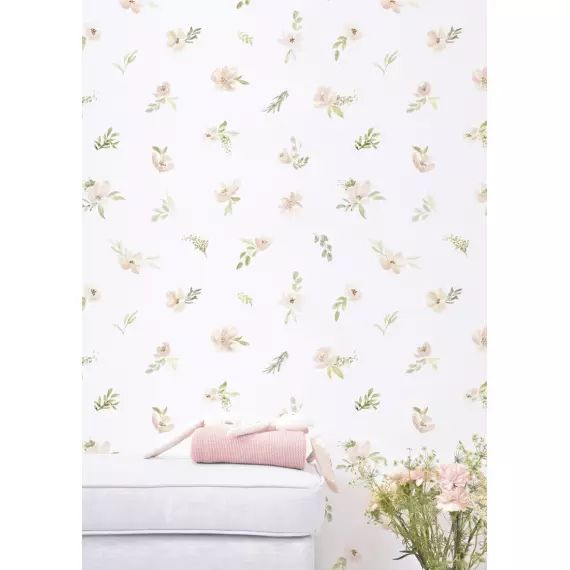 Papier peint intissé Appoline aquarelle fleurs roses orangées (10 m)