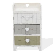 Table de chevet coeur avec 3 tiroirs en bois blanc et  beige et gris
