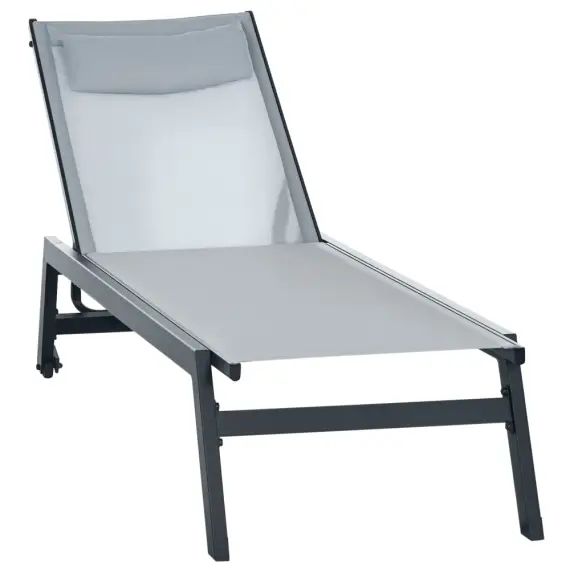Bain de soleil inclinable – tétière, 2 roulettes – alu. textilène gris