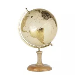Globe terrestre carte du monde beige et dorée pied en bois de manguier