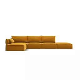 Canapé d’angle gauche 5 places en tissu velours jaune
