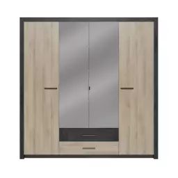 Armoire 4 portes avec miroir COLO lingère et penderie imitation chêne et noir