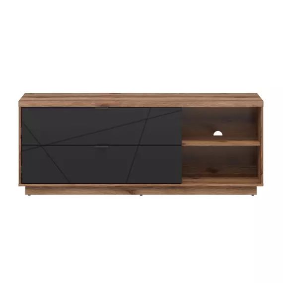 Meuble tv 2 tiroirs 2 niches 156 cm noir et naturel