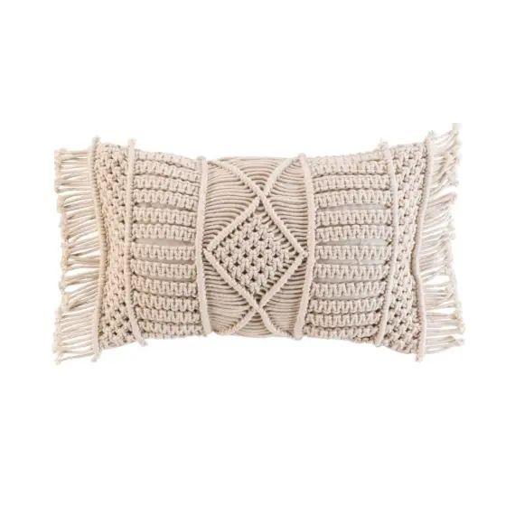 Coussin déhoussable avec franges et macramé coton naturel 50 x 30