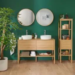 Meuble salle de bain avec vasques, miroirs et colonne effet bois clair