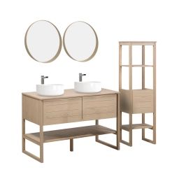 Meuble salle de bain avec vasques, miroirs et colonne effet bois clair