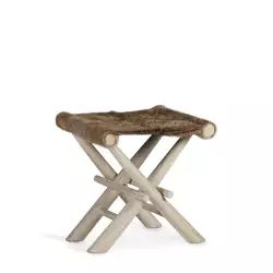 Tabouret en bois de teck et cuir naturel