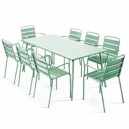Ensemble table de Jardin et 8 fauteuils en métal vert sauge