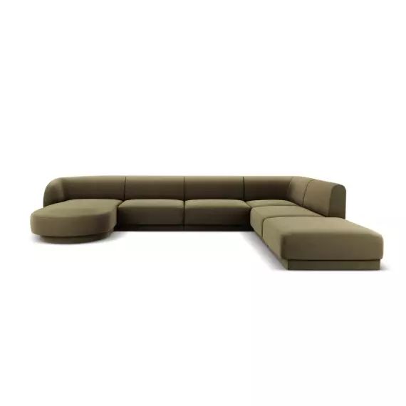 Canapé d’angle côté droit 6 places en tissu velours vert