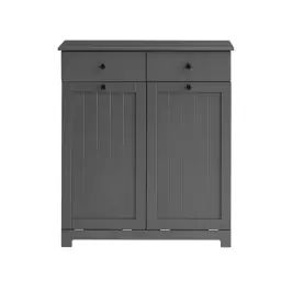 Armoire toilette effet bois gris avec 2 tiroirs et 2 paniers à linge