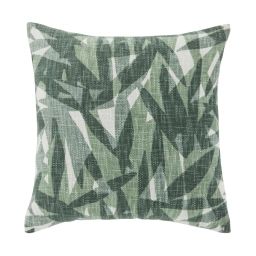 Coussin en coton tissé main jacquard écru motif végétal vert imprimé 45×45