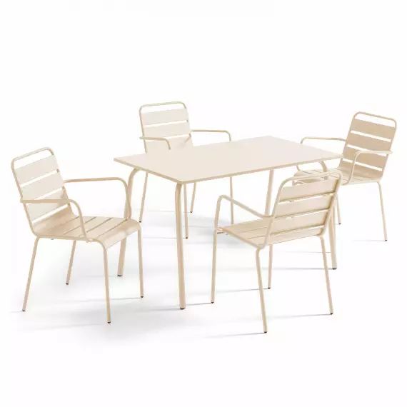 Ensemble table de jardin et 4 fauteuils en métal ivoire