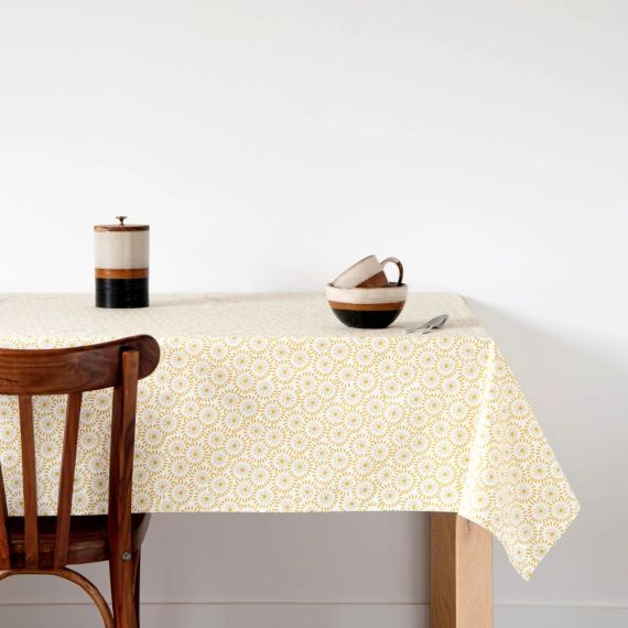 Nappe enduite en coton imprimé floral jaune moutarde, jaune et blanc 150×250