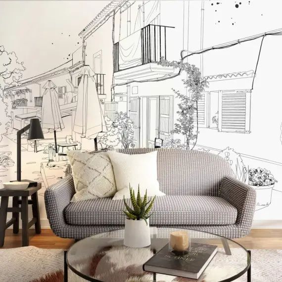 Papier peint panoramique terrasse d&rsquo;été 375 x 250 cm noir et blanc