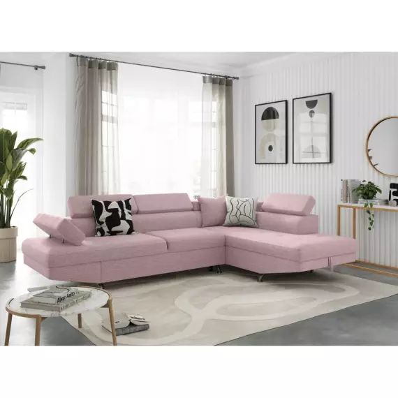 Canapé d’angle RIO Convertible avec coffre en tissu – Angle Droit, Vieux rose – 271 x 192 x 85 cm – Usinestreet
