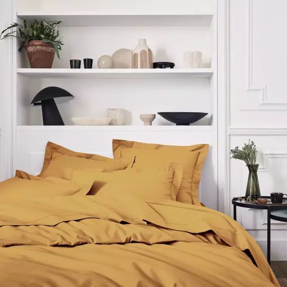 Housse de couette unie en percale de coton  jaune 180×290