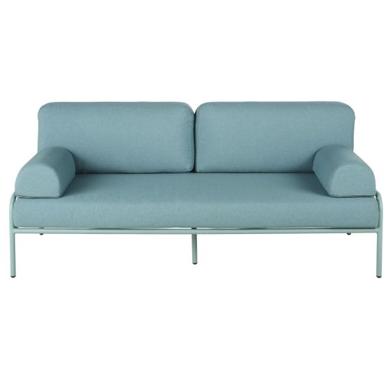 Canapé de jardin 2/3 places en tubes d&rsquo;aluminium et coussins bleu clair avec accoudoirs amovibles