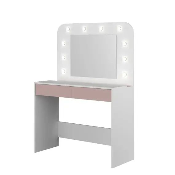 Coiffeuse avec miroir et LED en bois blanc et rose