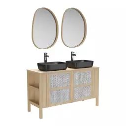 Meuble double vasque 130cm chêne  cannage + vasque + robinet + miroir