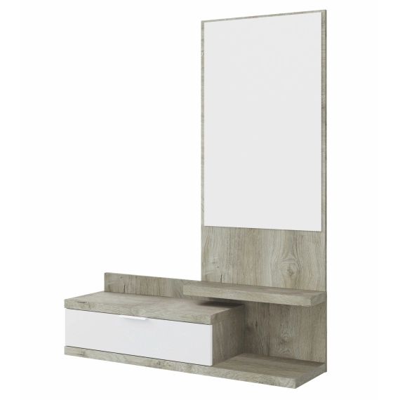 Meuble d’entrée avec 1 tiroir et miroir blanc/chêne, 81 cm longueur