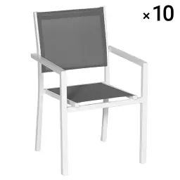 Lot de 10 chaises en aluminium blanc et textilène gris