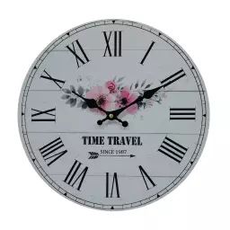 Horloge murale ronde effet bois noire, blanche et rose  ø 33,8 cm