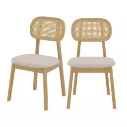 Chaise en bois clair, tissu beige et rotin (lot de 2)