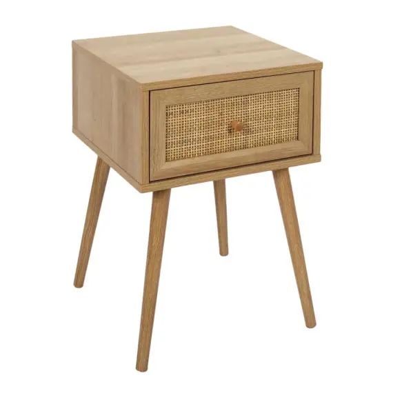 Table de chevet avec 1 tiroir en rotin et panneaux de particules beige