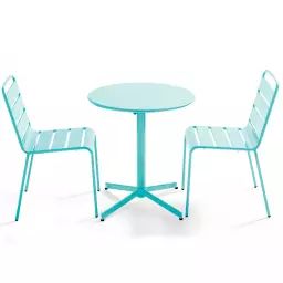 Ensemble table de jardin ronde et 2 chaises métal turquoise
