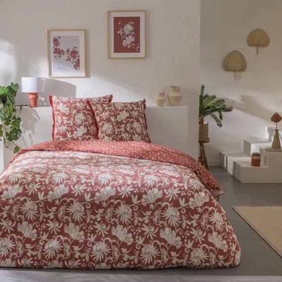 Parure de lit 2 personnes coton  imprimé terracotta 260x240cm