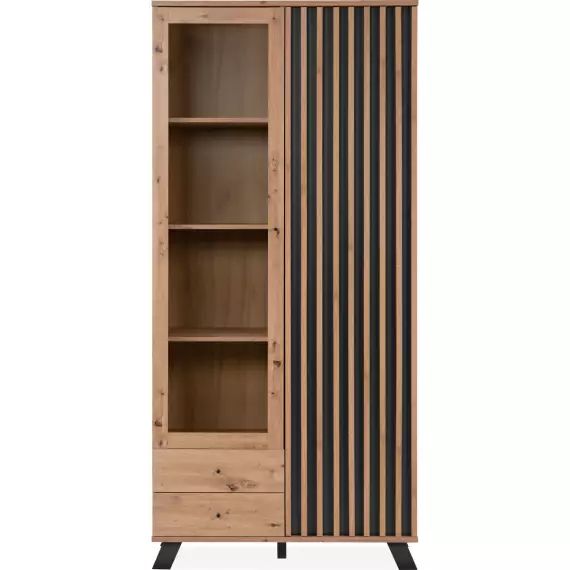 Vaisselier 2 portes 2 tiroirs effet chêne, piètement noir 92 cm