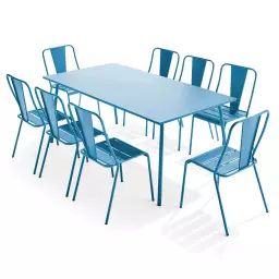 Ensemble table de jardin et 8 chaises bistrot en acier bleu pacific