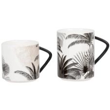 Coffret mugs (x2) en porcelaine taupe, noire et grise motifs palmiers