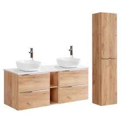 Ensemble meuble double vasque 140cm et colonne stratifiés naturel