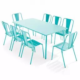 Ensemble table de jardin et 8 chaises bistrot en acier turquoise