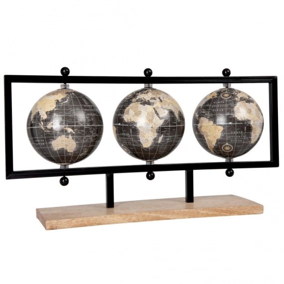 Globes terrestre carte du monde, support en métal noir et manguier