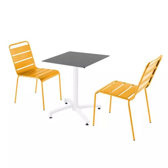 Ensemble table de jardin stratifié ardoise et 2 chaises jaune