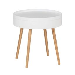 Table d’appoint ronde avec couvercle en mdf et bambou blanc et beige