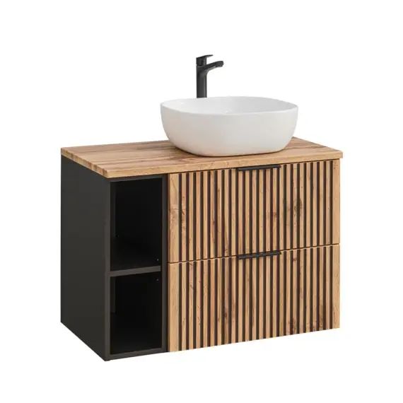 Meuble simple vasque 80cm 2 niches naturel et noir