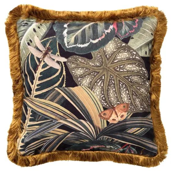Coussin noir en velours 45×45 cm avec motif fleuri