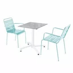 Ensemble table de jardin stratifié marbre et 2 fauteuils turquoise