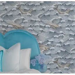Papier Peint Vintage Mer avec des Vagues et des Baleines 250×200 cm