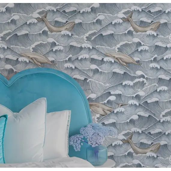 Papier Peint Vintage Mer avec des Vagues et des Baleines 250×200 cm