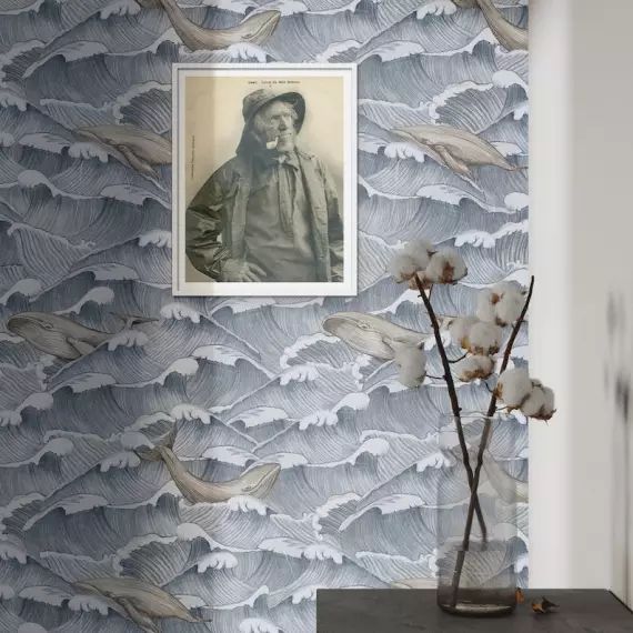 Papier Peint Vintage Mer avec des Vagues et des Baleines 250×200 cm
