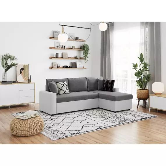 Canapé d’Angle MARIA Réversible et Convertible avec Coffre en simili et microfibre – Blanc et Gris – 227 x 146 x 82.5 cm – Usinestreet