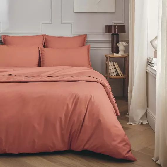 Parure de lit en percale de coton rose corail 240×220